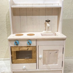 子どもキッチン ナチュラルハンドメイド 美品 手作り木製玩具／ままごとキッチンデラックスタイプ（ナチュラル