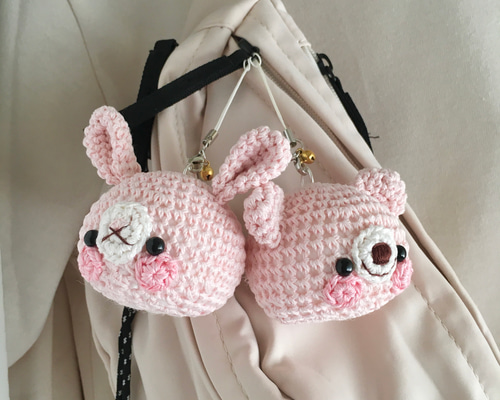 New!／大きなお顔が持ち物の目印に最適♪淡ピンク色うさぎクマ顔