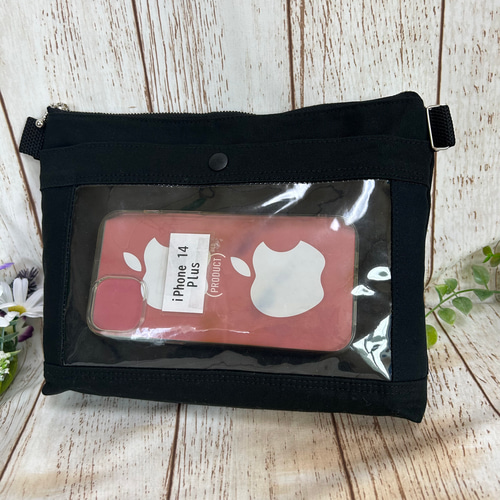 スマホ クリアポケット付き ペットボトルも入る ショルダー