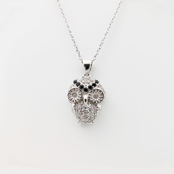 Cute Owl 925 Silver Necklace Zircon Pendant Platinum-Clad 3枚目の画像