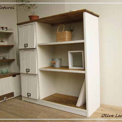 サイズオーダー可！○パタパタ付3段ラック○天然木シャビーホワイト