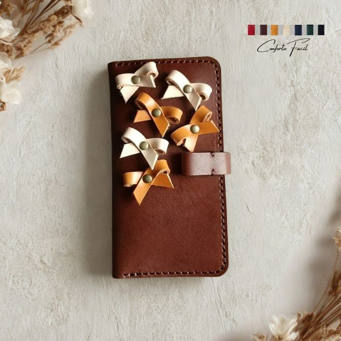 7色ミニリボン本革手帳型スマホケース[多機種対応]iPhone17.x.xr.xs.max.Xperia.Galaxy