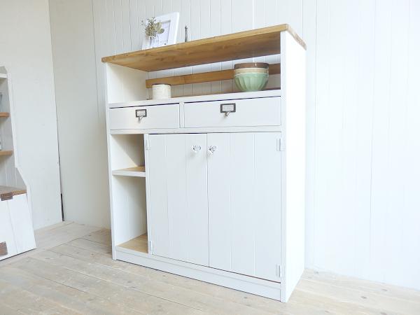 ※送料がかなり安くなりました！★オーダー可！●２引出２観音扉キャビネット●シャビーホワイト無垢材ナチュラル●受注製作