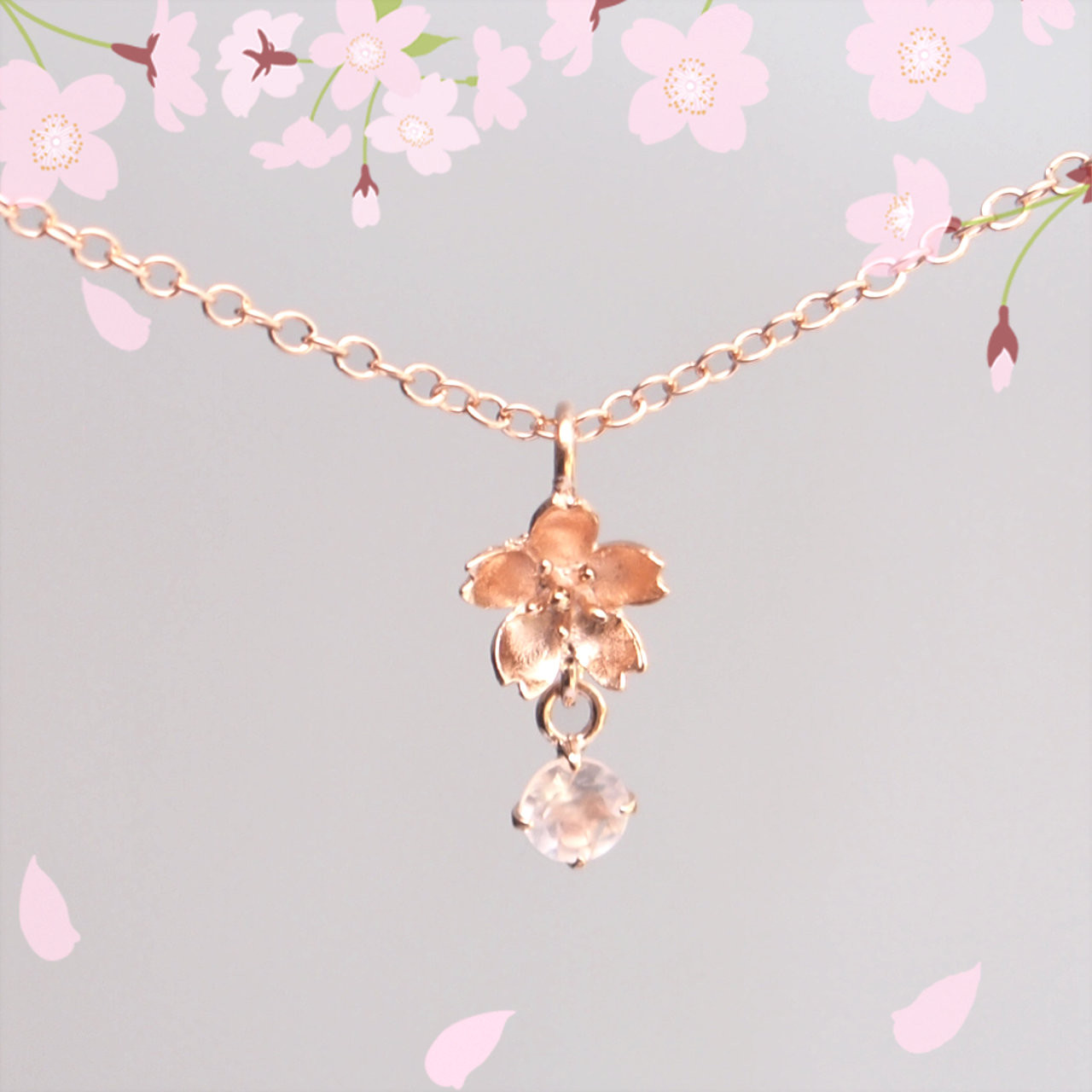 桜さくらのネックレス　ローズクオーツ縦ライン｜季節があるジュエリー｜春-Spring-｜ピンク