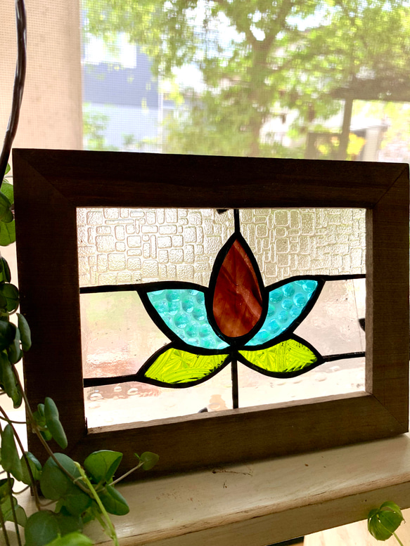 ステンドグラス※パネル※Flower 枠ブラウン その他インテリア雑貨