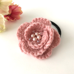コレットマルーフ　ガラスヘアゴム　グレーにピンクのお花 コレットマルーフ ガラスヘアゴム グレーにピンクのお花