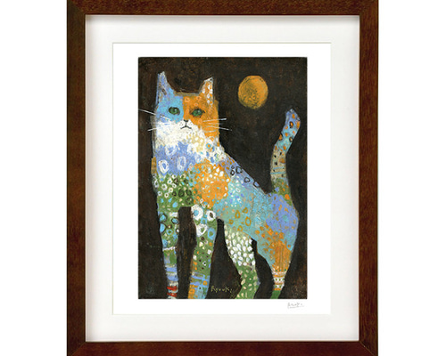 額装絵画【六切】太陽と花の猫 ※フレーム色変更可（白、ナチュラル、黒