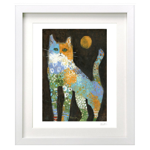 額装絵画【六切】太陽と花の猫 ※フレーム色変更可（白、ナチュラル、黒