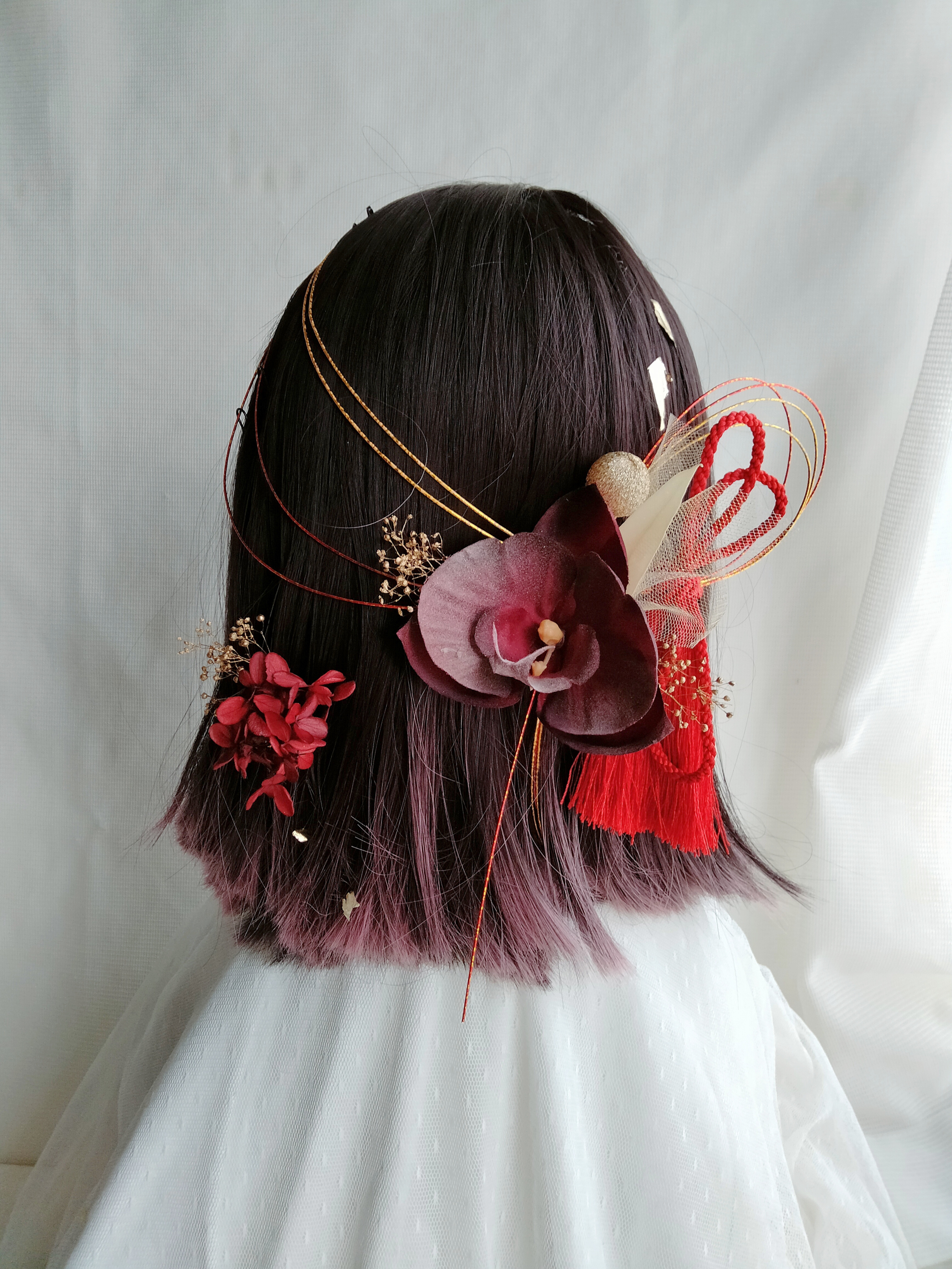 赤い胡蝶蘭　こちょうらんの髪飾り　水引　水引アレンジ　成人式　結婚式　卒業式　和装　髪飾り　振袖　袴　ショートヘア　ボブ