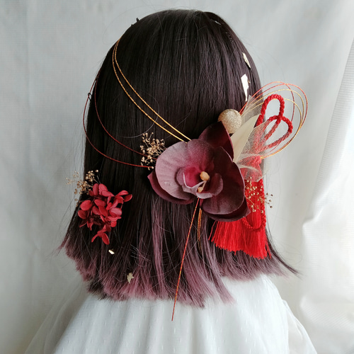 赤い胡蝶蘭 こちょうらんの髪飾り 水引 水引アレンジ 成人式 結婚式