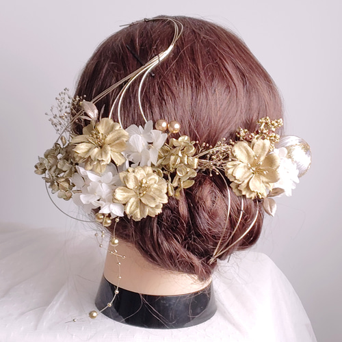 成人式 ヘアアクセ ゴールドフラワーとパールシャワーの成人式髪飾り ヘアアクセ ヘア