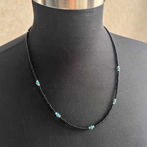 ターコイズ MIX ビーズネックレス 黒 60cm 3mmビーズ ブラック メンズ