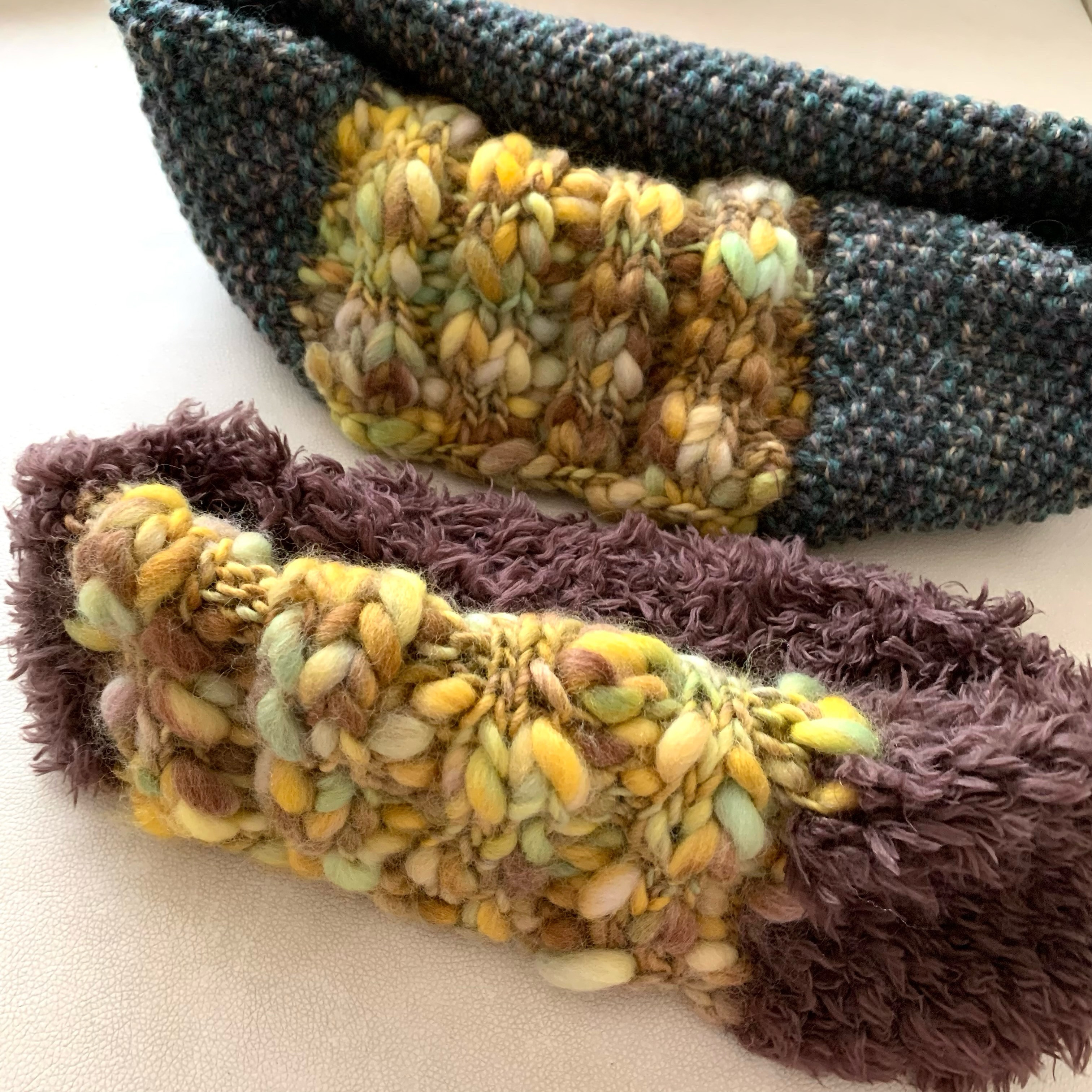 【一点物・2点setネックウォーマー】羊毛毛糸・ウール100%・高品質ファー☆イエロー系×茶色・イエロー系×緑色