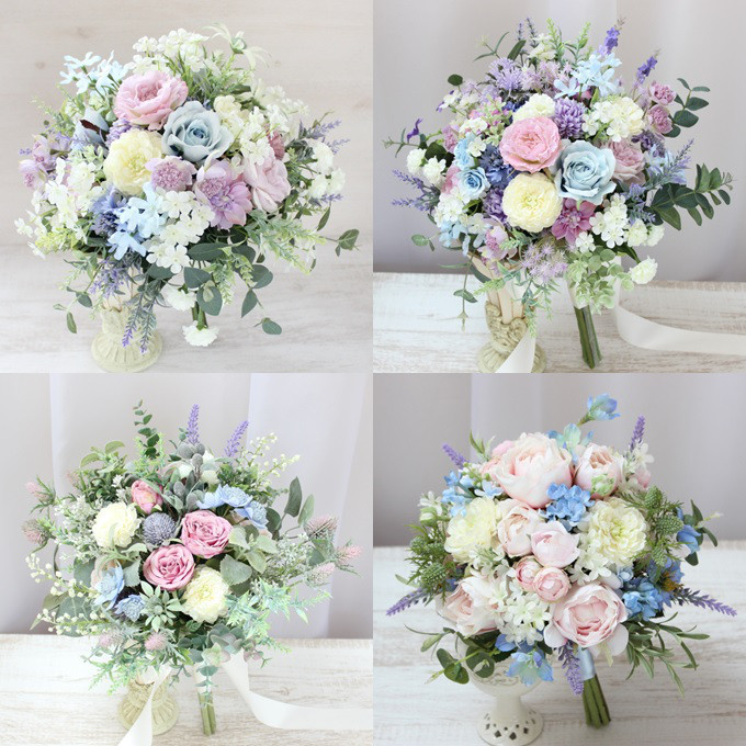 オーダーメイドブーケ22,000円～/ピンク×白×サムシングブルー×ラベンダーパープル×グリーンのクラッチブーケ