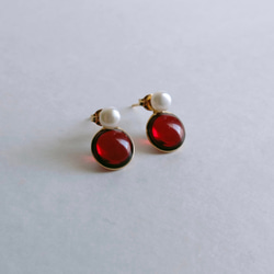 2way pearl ＋ glass - red 珍珠玻璃耳環 第2張的照片