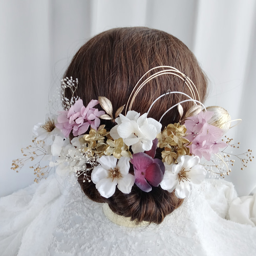リンゴの花×白金紫の紫陽花の成人式髪かざり パープル 水引き 