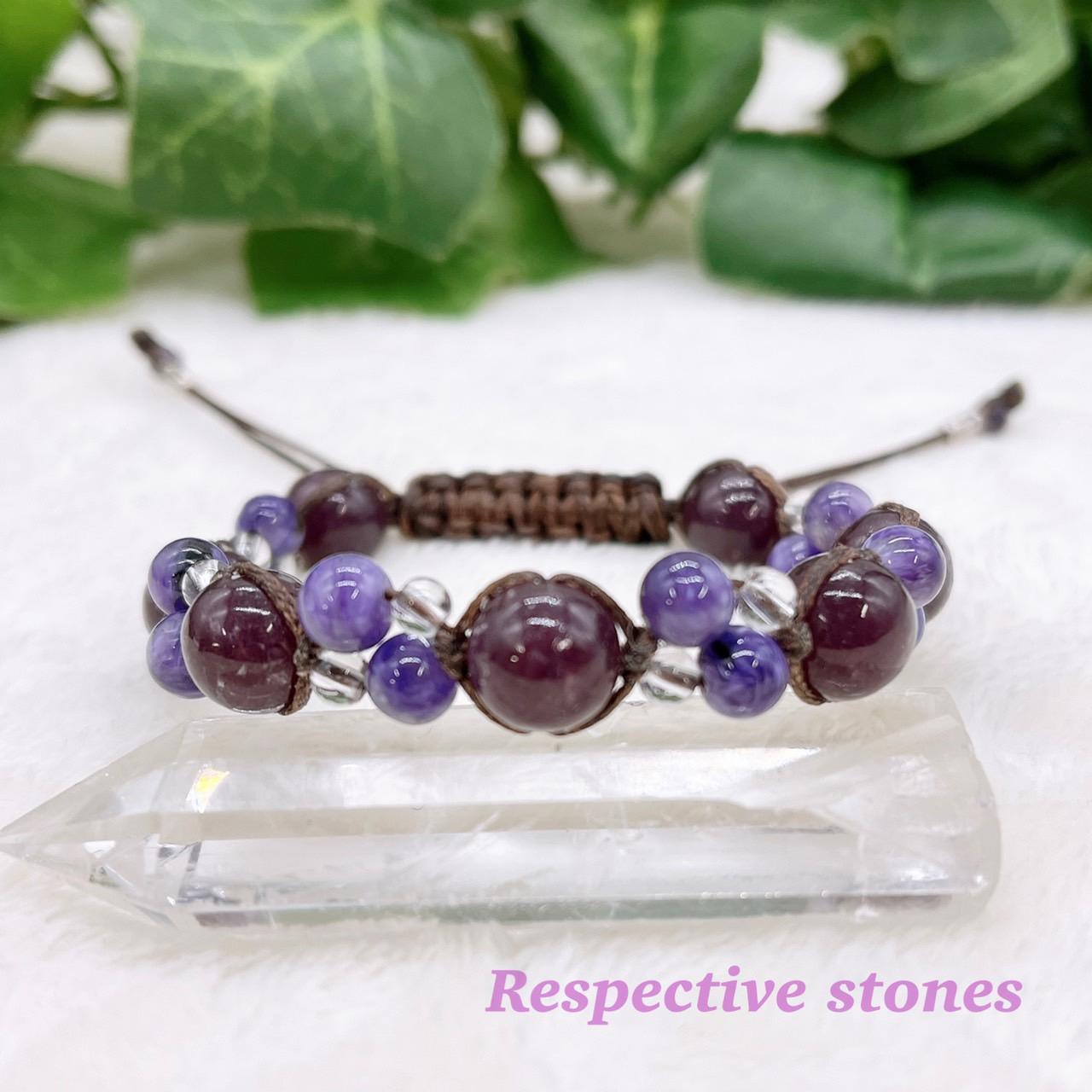 ブレスレット★ひも編みタイプ♪困難を克服！新しい物事へ挑戦★（レピドライト×チャロアイト）天然石／ham-2