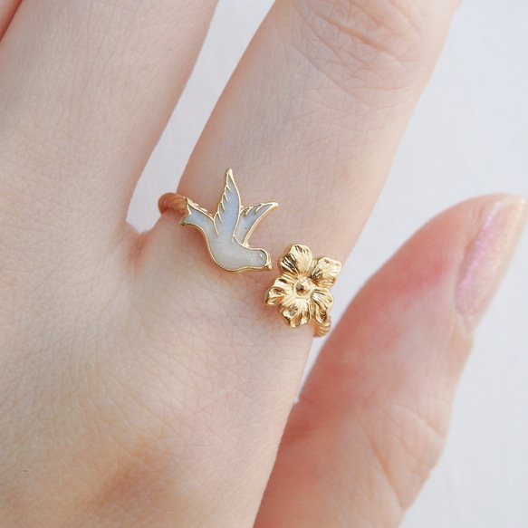 小鳥と花のフォークリング　サイズオーダーOK　18Kコーティング　ニッケルフリー 17枚目の画像