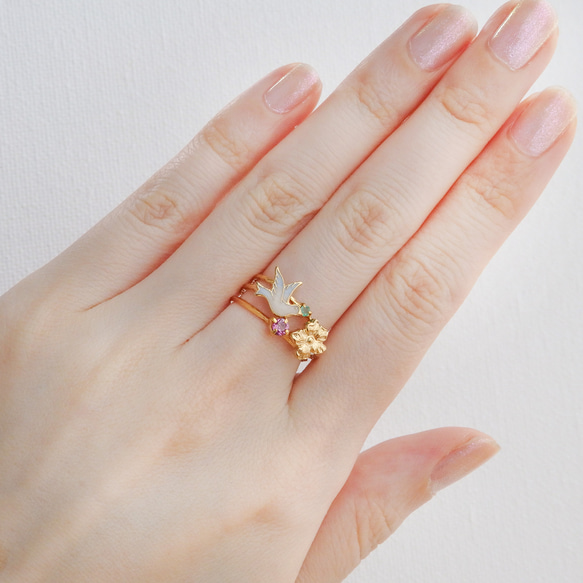 小鳥と花のフォークリング　サイズオーダーOK　18Kコーティング　ニッケルフリー 12枚目の画像