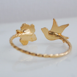 小鳥と花のフォークリング　サイズオーダーOK　18Kコーティング　ニッケルフリー 7枚目の画像