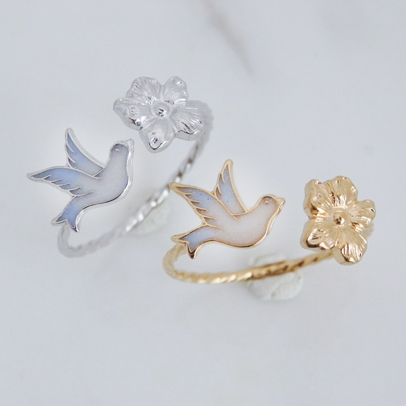 小鳥と花のフォークリング　サイズオーダーOK　18Kコーティング　ニッケルフリー 2枚目の画像