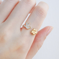 小鳥と花のフォークリング　サイズオーダーOK　18Kコーティング　ニッケルフリー 4枚目の画像