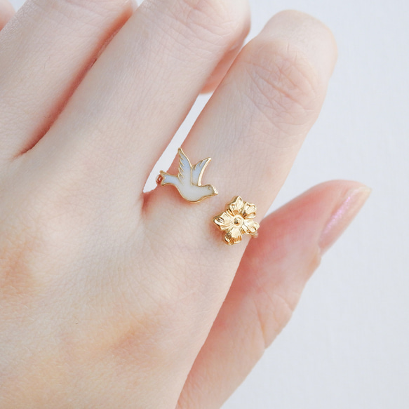 小鳥と花のフォークリング　サイズオーダーOK　18Kコーティング　ニッケルフリー 4枚目の画像