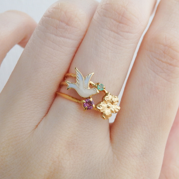 小鳥と花のフォークリング　サイズオーダーOK　18Kコーティング　ニッケルフリー 11枚目の画像