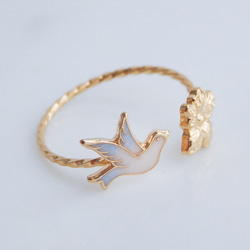 小鳥と花のフォークリング　サイズオーダーOK　18Kコーティング　ニッケルフリー 8枚目の画像