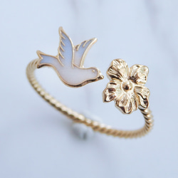 小鳥と花のフォークリング　サイズオーダーOK　18Kコーティング　ニッケルフリー 1枚目の画像