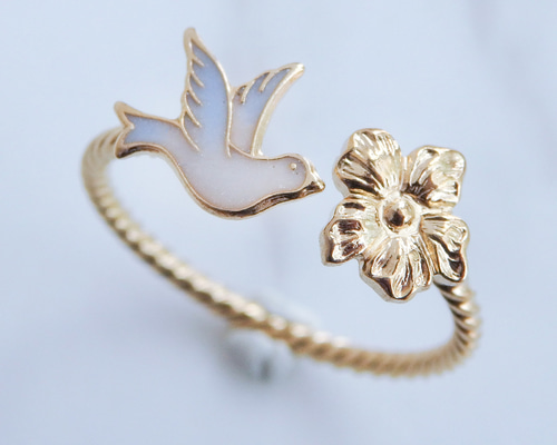 小鳥と花のフォークリング サイズオーダーOK 18Kコーティング ニッケル