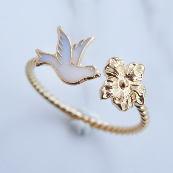 小鳥と花のフォークリング　サイズオーダーOK　18Kコーティング　ニッケルフリー 1枚目の画像