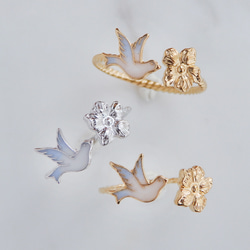 小鳥と花のフォークリング　サイズオーダーOK　18Kコーティング　ニッケルフリー 16枚目の画像