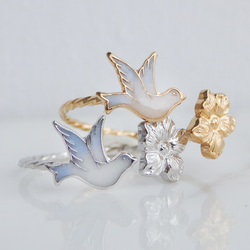 小鳥と花のフォークリング　サイズオーダーOK　18Kコーティング　ニッケルフリー 10枚目の画像