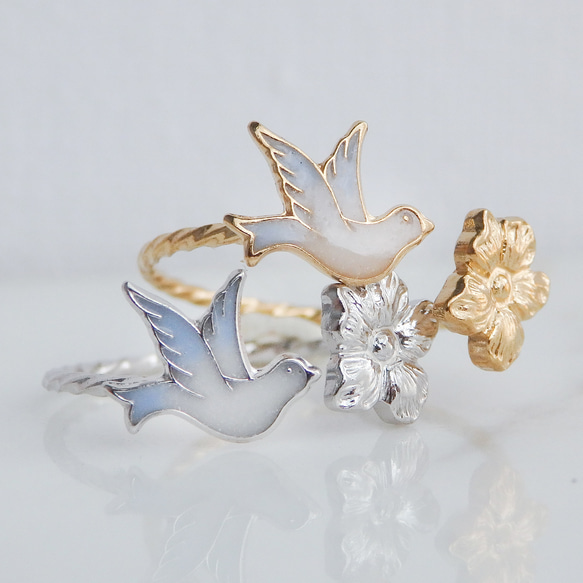 小鳥と花のフォークリング　サイズオーダーOK　18Kコーティング　ニッケルフリー 10枚目の画像