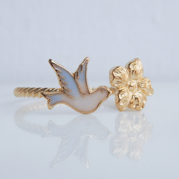 小鳥と花のフォークリング　サイズオーダーOK　18Kコーティング　ニッケルフリー 15枚目の画像