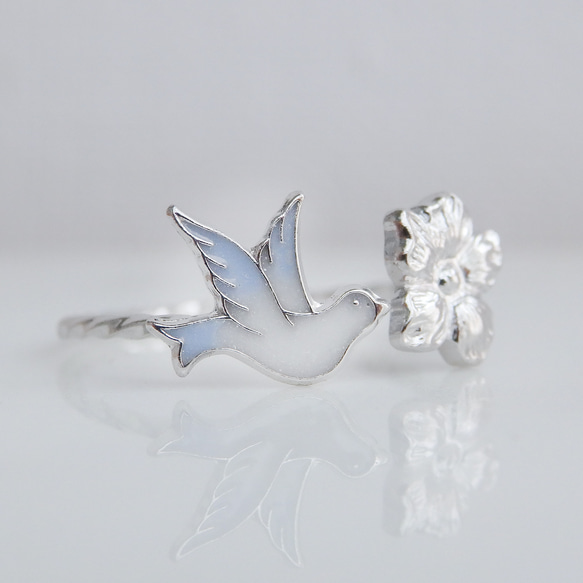 小鳥と花のフォークリング　サイズオーダーOK　18Kコーティング　ニッケルフリー 9枚目の画像