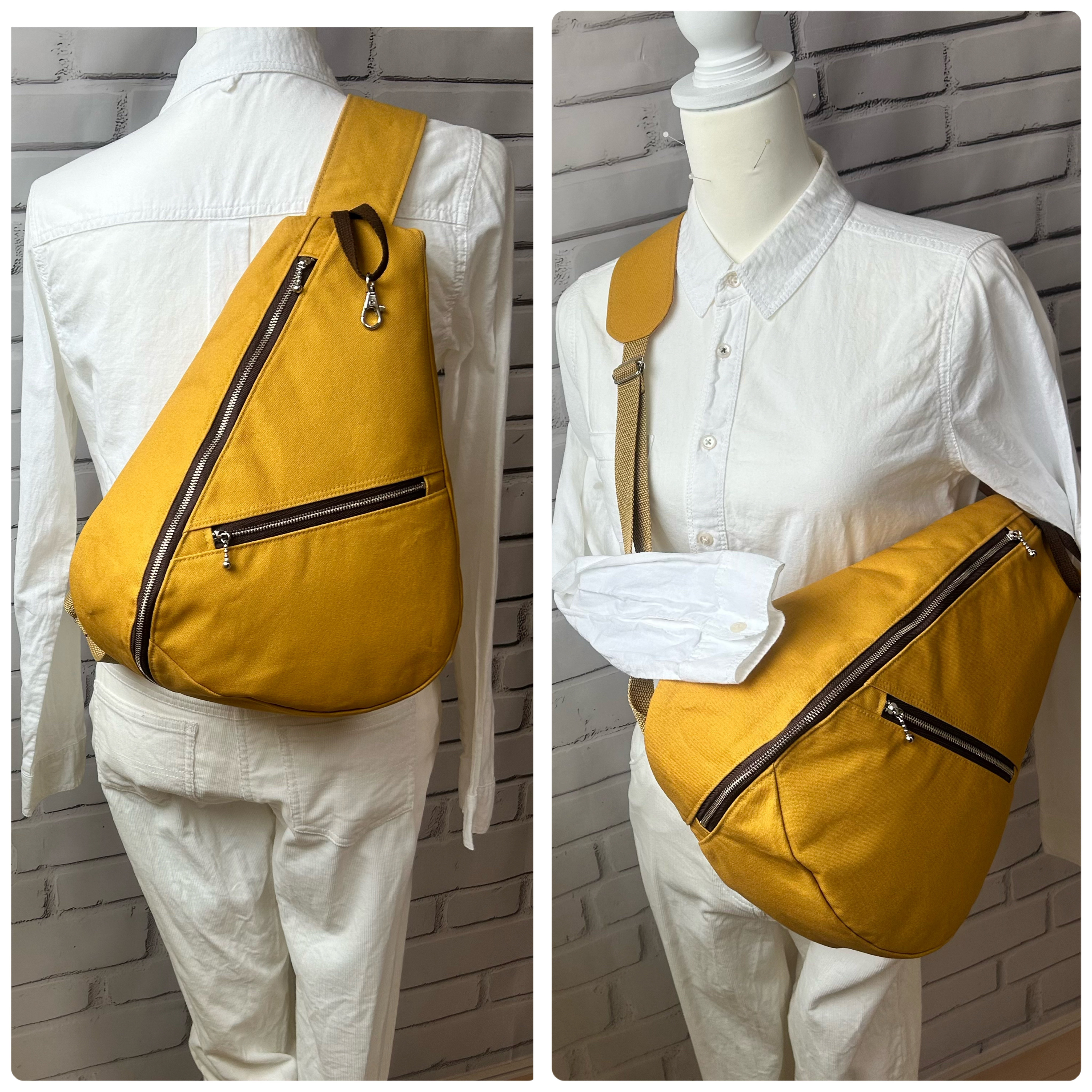しずく型 ワンショルダーバッグ ボディバック　ショルダーバック　通院　マザーバック　長さ調節可能 帆布 マスタード21番