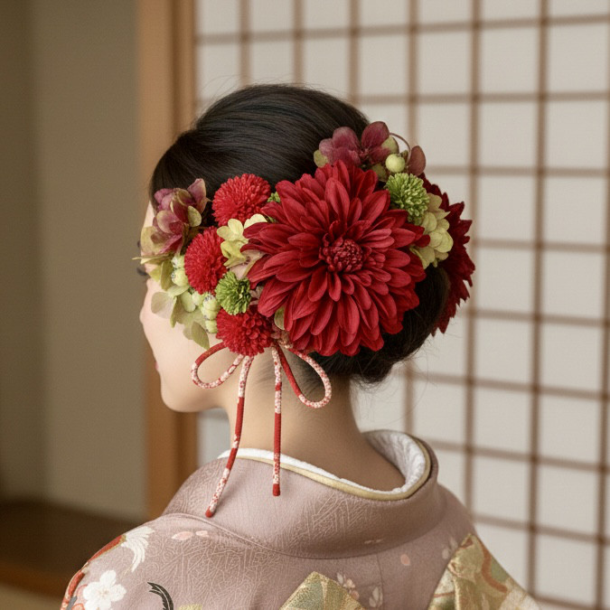 成人式、卒業式、結婚式、赤の大輪ダリア髪飾り、ヘッドドレス、ウェディング、造花、赤