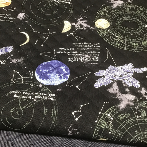 ショルダー型図書袋☆宇宙旅行☆黒系×濃紺デニムキルト 図鑑星座惑星