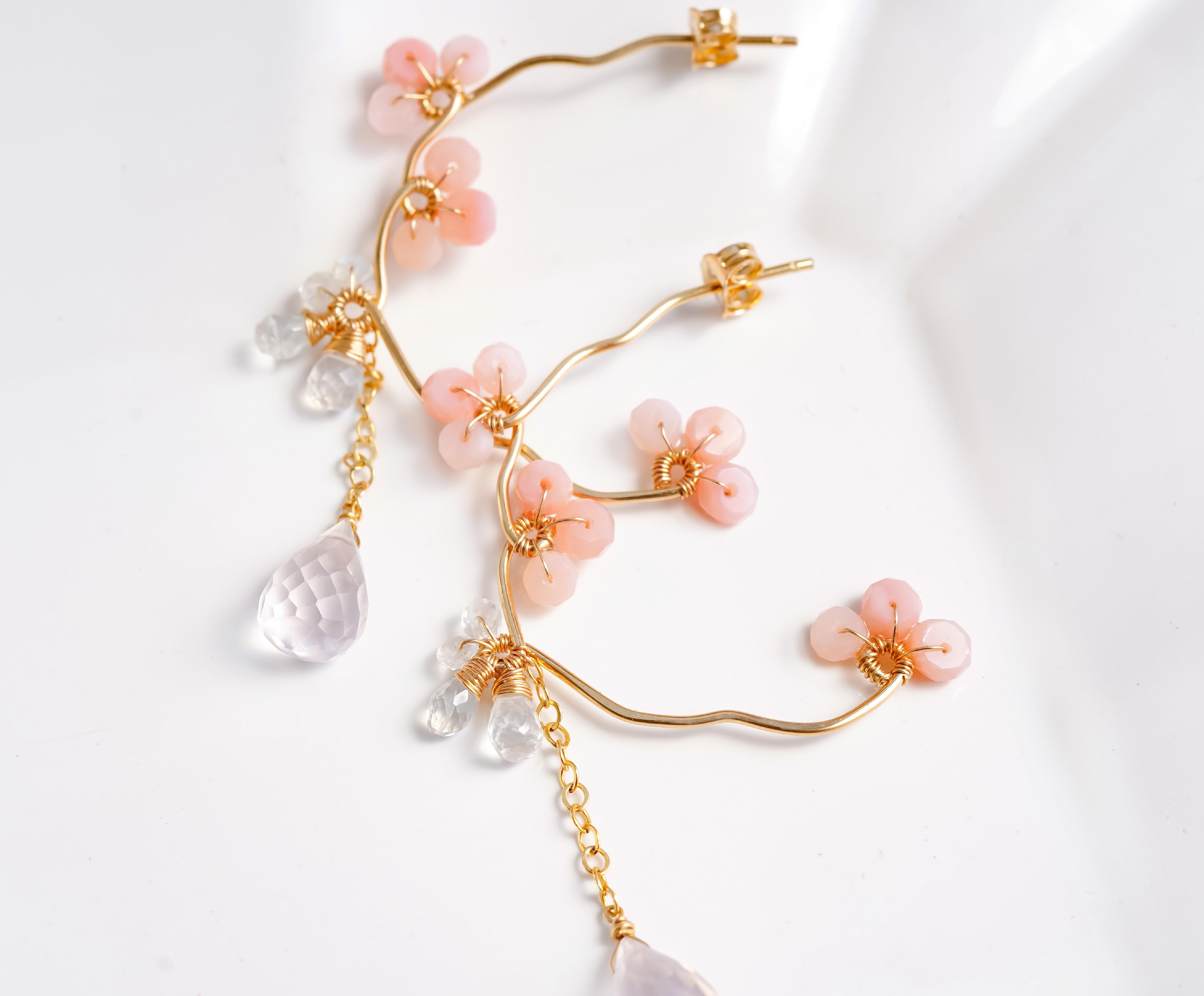 さくら咲くゴールドフープピアス ピンクオパール　14KGF