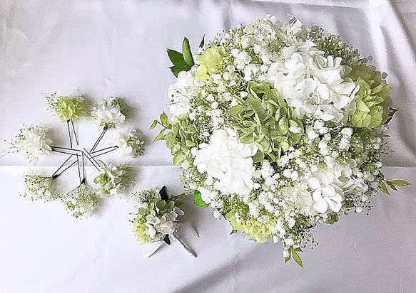 カラーオーダー／かすみ草と紫陽花のブーケ•プリザーブドフラワー 捧花