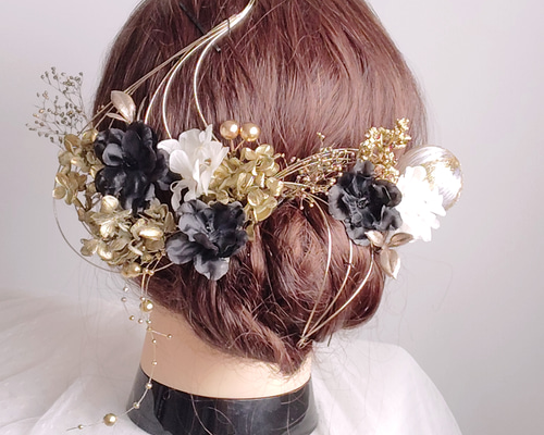 黒桜とパールシャワーの成人式髪飾り ヘアアクセ ヘア