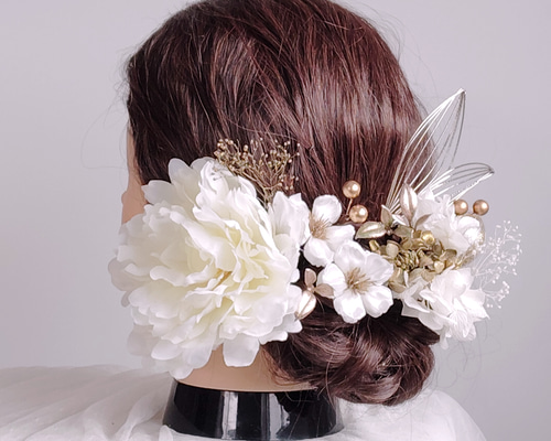 大輪の芍薬と林檎の花の髪飾り 白無垢 白金 和装花嫁 水引 髪飾り