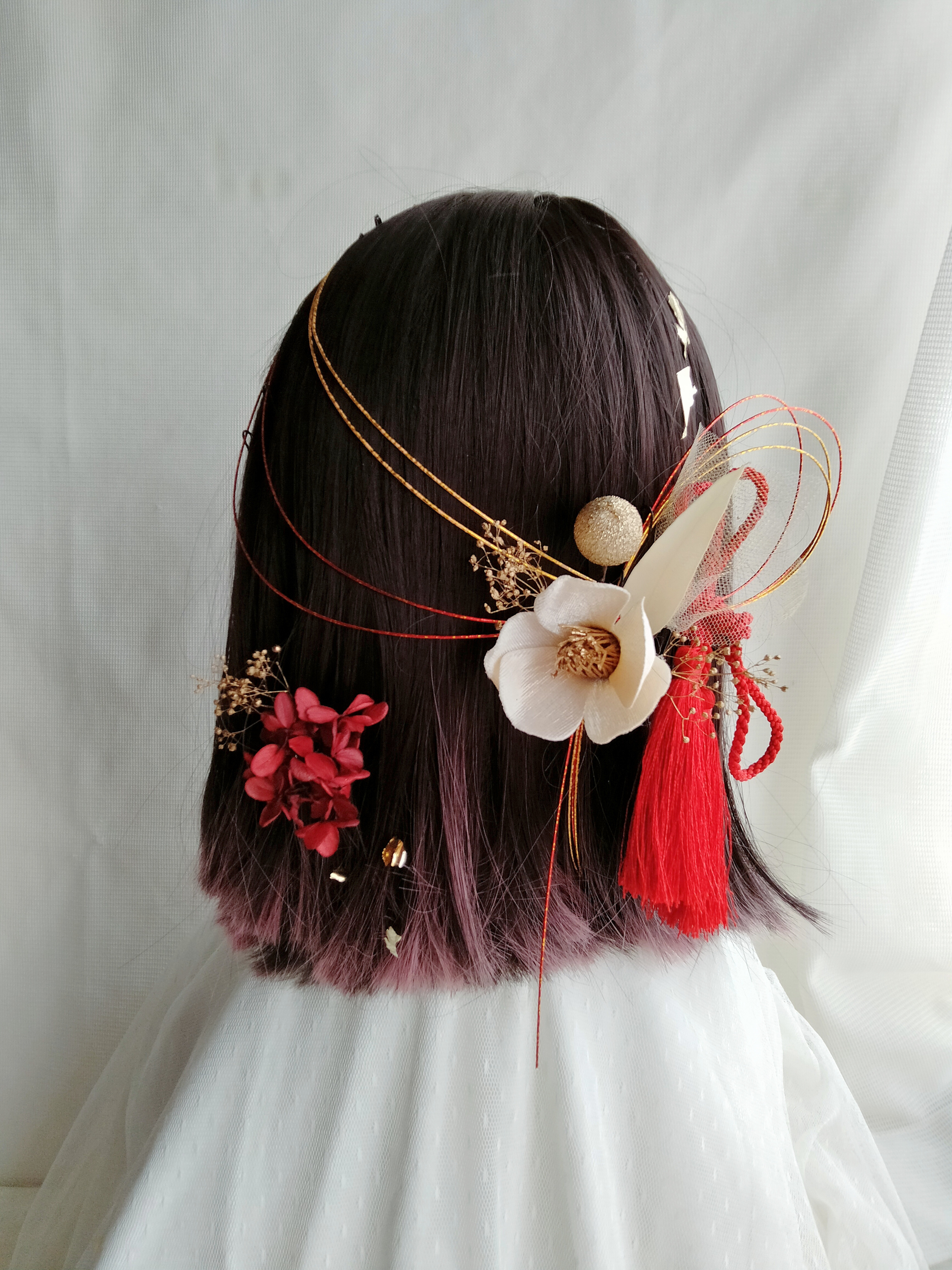 椿　つばきの髪飾り　水引　水引アレンジ　成人式　結婚式　卒業式　和装　髪飾り　振袖　袴　ショートヘア　ボブヘア　タッセル