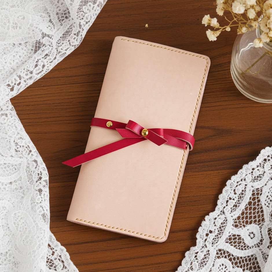 【iPhone全機種】リボン付き手帳型ケース＜赤＞可愛いヌメ革のスマホケース iPhone17シリーズ対応