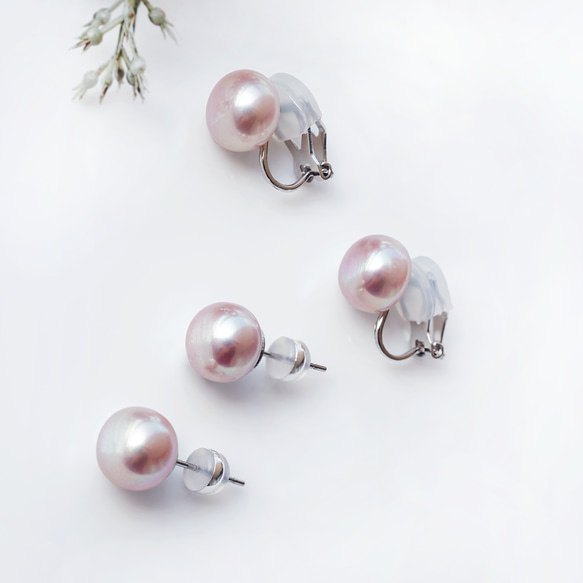 大型天然薰衣草色珍珠醫用級不銹鋼耳環 - 日光榮耀 第6張的照片