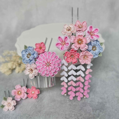 つまみ細工 かんざしセット（7歳さん以上向け）ピンク ブルー*七五三