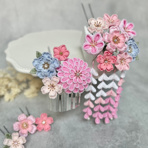 〜　珊　〜　選べる髪飾り　七五三 3歳 7歳　かんざし　ビラ　ピンク つまみ細工 かんざしセット（7歳さん以上向け）ピンク ブルー*七五三