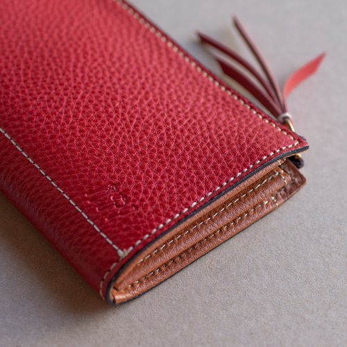 本革 L字ファスナー長財布 レディース レッド キャッシュレス 春財布